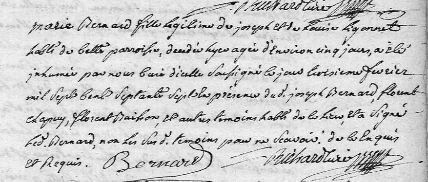 Inhumation de Marie Bernard, le 3 février 1777 à Saint-Laurent de Mûre, Archives départementales du rhône